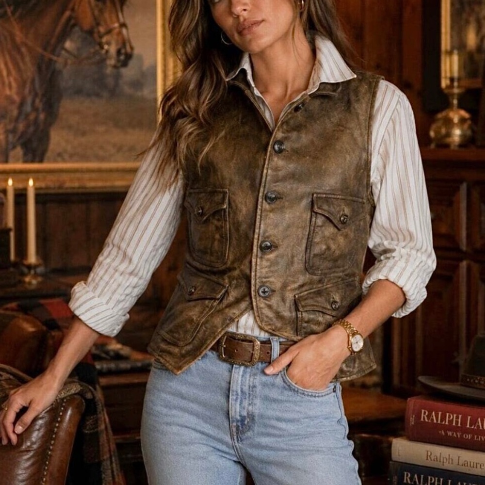 RALPH LAUREN Rare Vintage Rugby Leather Wool Utility Hunting Safari Vest plaid
